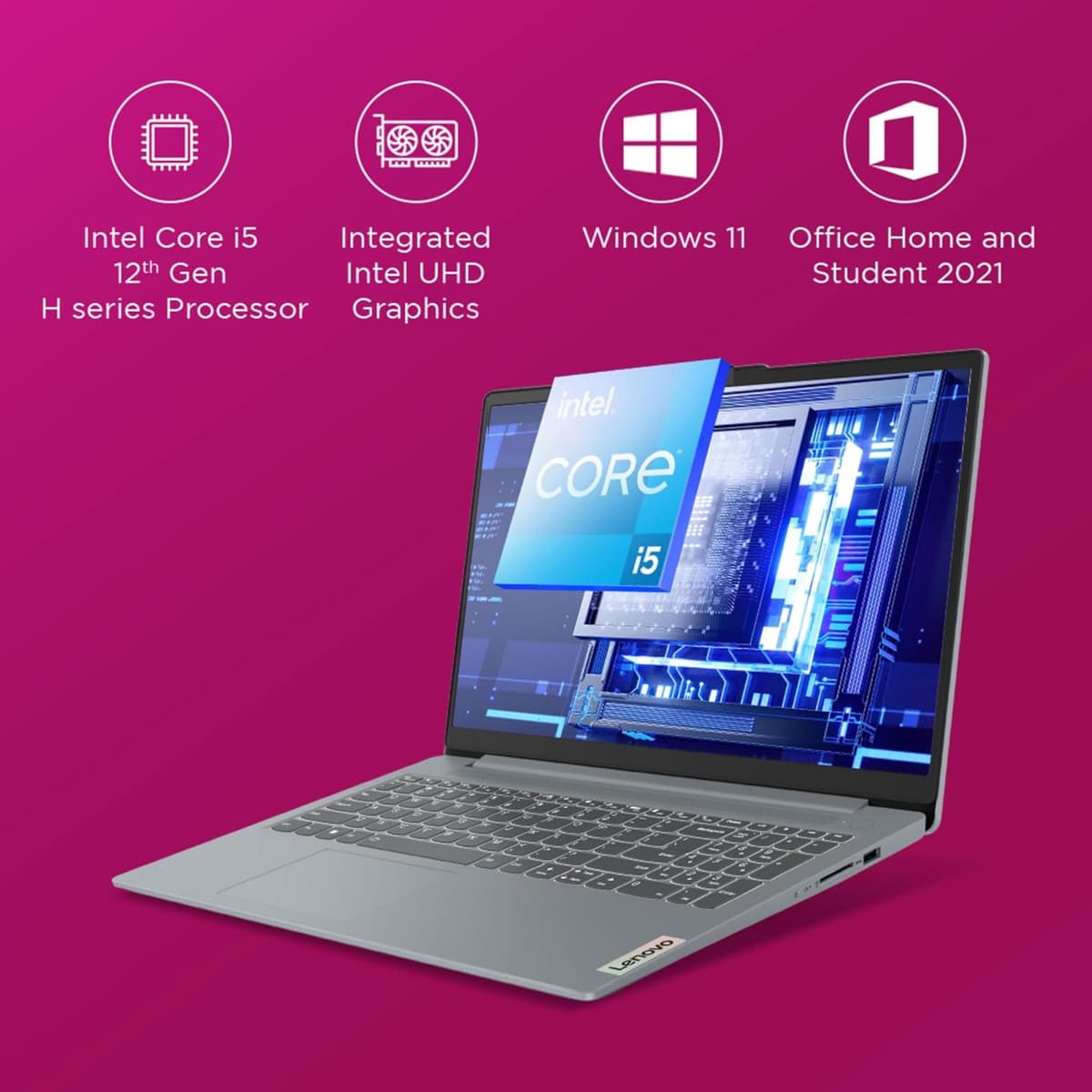 Lenovo IdeaPad Slim 3, Intel Core i5-12450H, 12th Gen, 16GB RAM, 512GB SSD, FHD IPS, 15.6"/39.6cm, Windows 11, MSOffice 21, Arctic Grey, 1.6Kg,83ER008GIN,Backlit KB,Alexa Built-in,1 Yr ADP Free Laptop