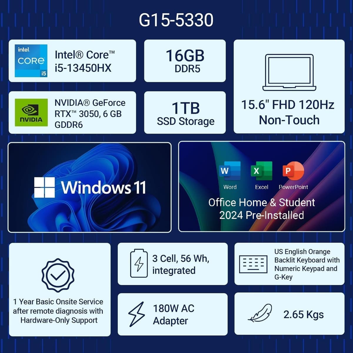 Dell G Series, 13th Gen Intel Core i5-13450HX, NVIDIA RTX 3050-6GB, 16GB DDR5, 512GB SSD, FHD, 15.6"/39.62cm, Windows 11, Microsoft Office Home 2024, 2.65KG, G15-5530, Backlit Keyboard, Gaming Laptop