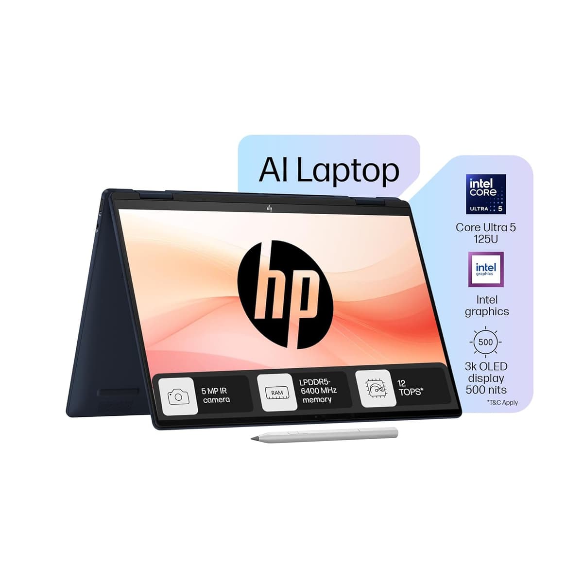 HP Envy x360 AI Laptop, Intel Core Ultra 5 125U, 12 TOPS, 16GB LPDDR5, 512GB SSD, (Win11, Office21, Blue, 1.44 kg) Touchscreen, 3K, OLED, 14-inch (35.6cm), Integrated graphics, 5MP IR camera, fc0078TU