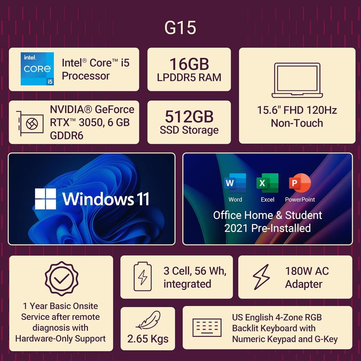Dell G-series-15-5530-laptop - 15.6" FHD, Intel Core i5-13450HX, 16GB DDR5 RAM, 512GB SSD, NVIDIA GeForce RTX 3050, 4-Zone RGB Backlit Keyboard + G-Key, Dark Shadow Gray, Win 11 + H&S 2021, 2.65 Kg
