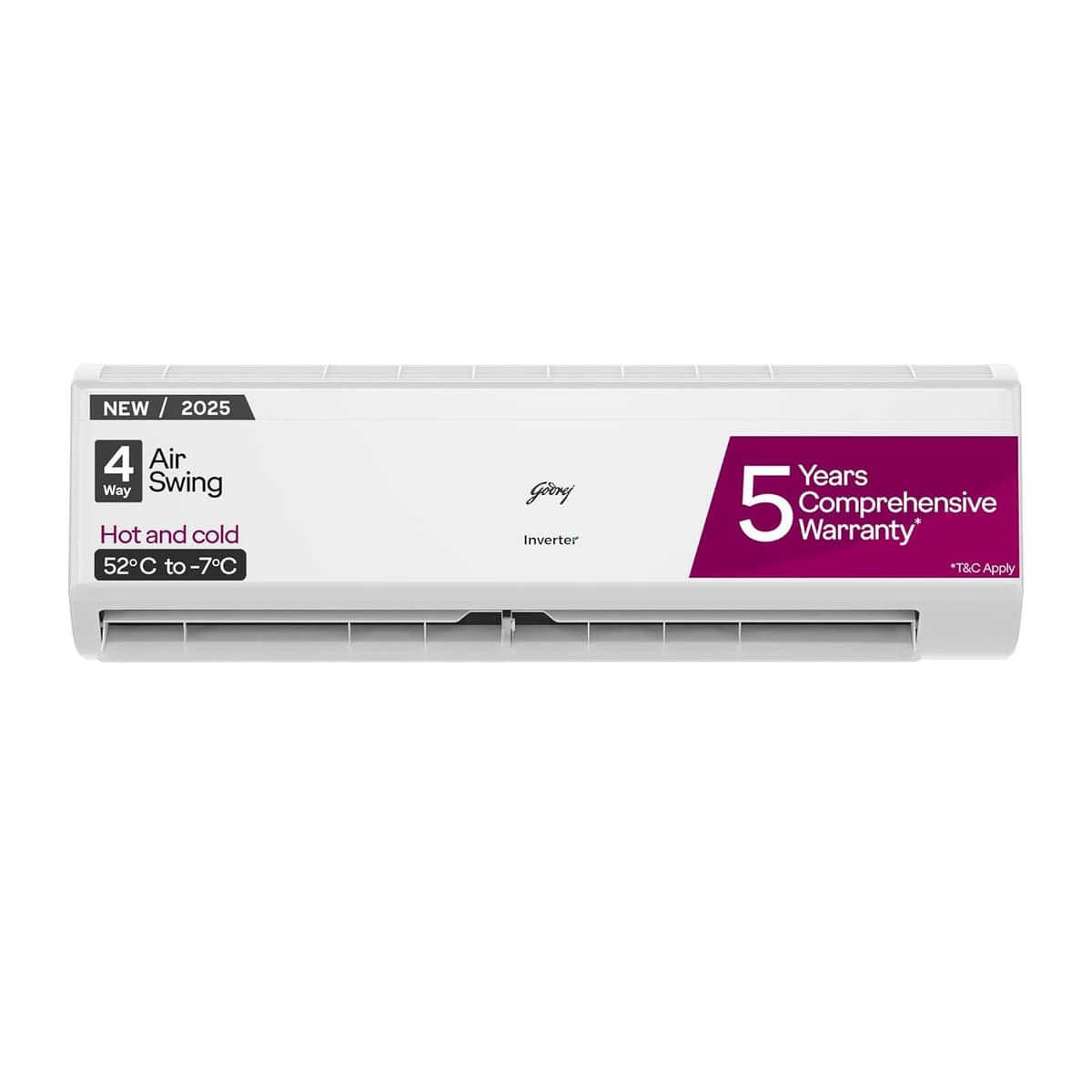 Godrej 1.5 Ton 3 Star, Hot & Cold 52°C to 0°C, 5 Years Comprehensive Warranty, 5-In-1 Convertible, Heavy Duty Cooling At 52°C, Inverter Split AC (Copper, Model, AC 1.5T SIH 18ITC3 WYC, White)