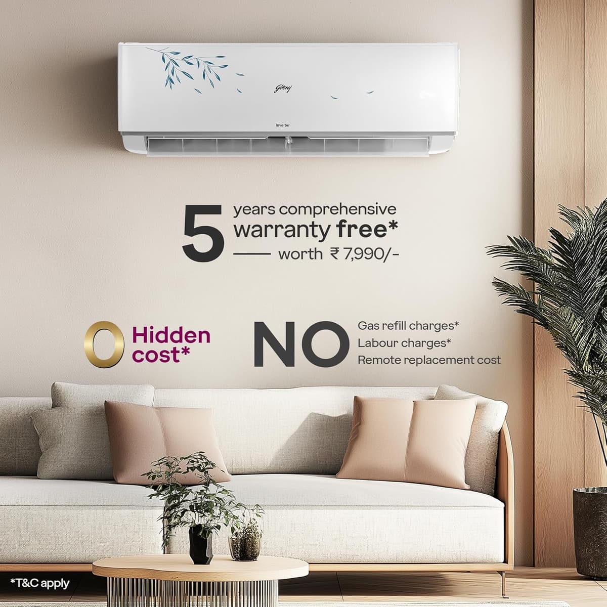 Godrej 1.5 Ton 3 Star (5 Years Comprehensive Warranty) 5-In-1 Convertible Cooling Inverter Split AC (Copper, Model, Heavy Duty Cooling at 52 °C, AC 1.5T EI 18A3T PYA IVBL IOT, White)