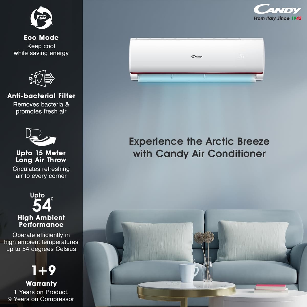 Candy 1 Ton 3 Star Split AC(5 in 1 Convertible,100% Copper,Aqua Clean, Inverter Technology, 3450 W, CS12EP3N-INV)