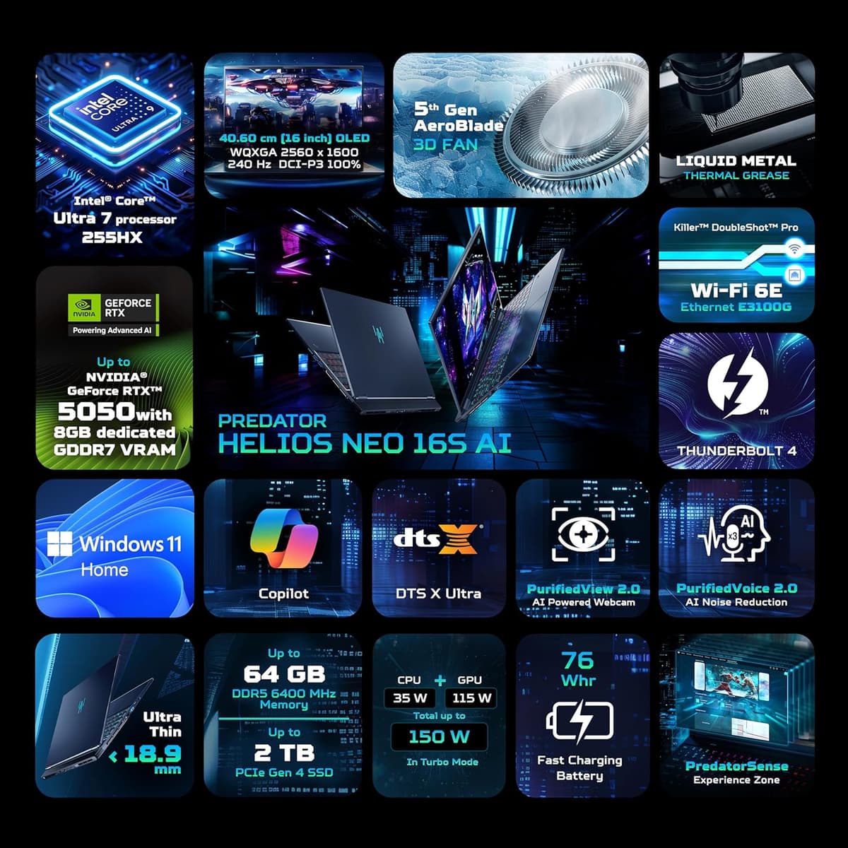 acer Predator Helios Neo 16S AI, Intel Ultra 7 255HX Processor,RTX 5050-8 GB GDDR7,16 GB/1 TB,WQXGA OLED, 16.0"/40.64 cm, 240Hz, Win 11 Home,Abyssal Black,2.3 kg,PHN16S-71,RGB KB,Gaming Laptop