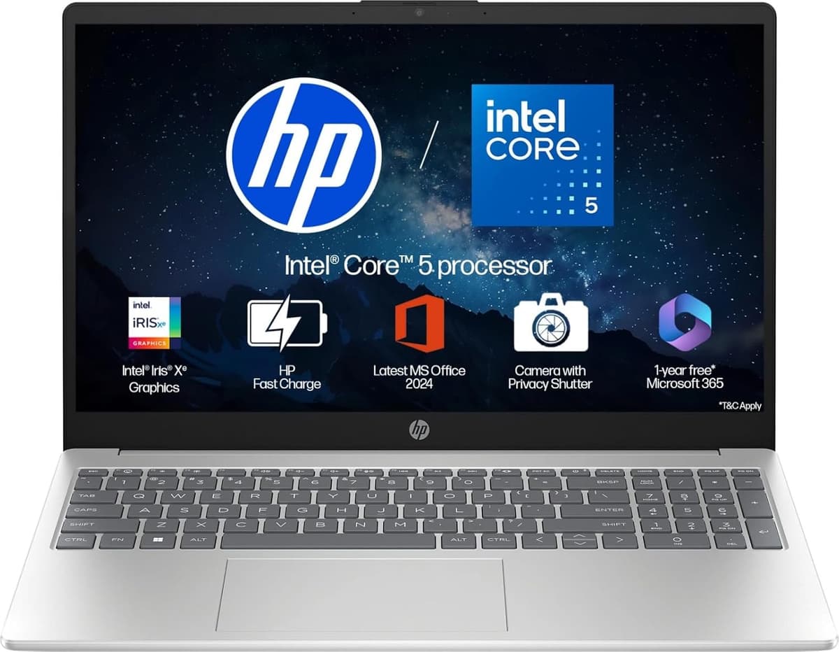 HP 15, Core 5-120U (16GB DDR4, 512GB SSD) FHD, Anti-Glare, Micro-Edge, 15.6''/39.6cm, Win11, M365 Basic(1yr)* Office24, Silver, 1.59kg, fd0665tu, Backlit, FHD Camera w/Shutter Laptop