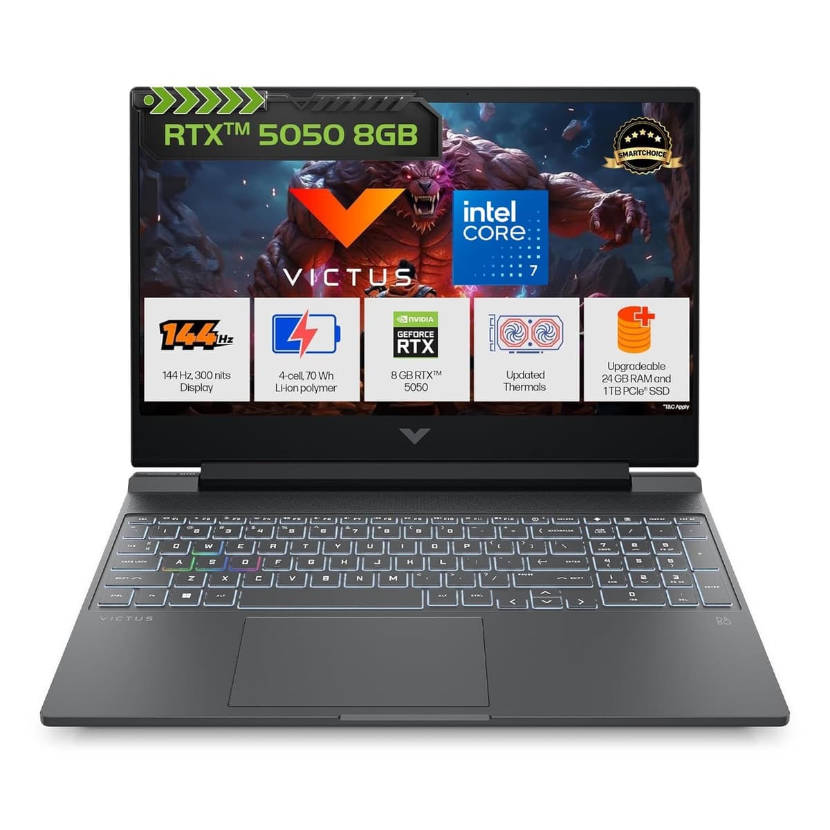 HP Victus, Intel Core 7 240H, 8GB RTX 5050, 24GB DDR5(Upgradeable) 1TB SSD, FHD, 144Hz, 300 nits, IPS, 15.6''/39.6cm, Win11, M365* Office24, Mica Silver, 2.29kg, fa2409TX, RGB Backlit, Gaming Laptop