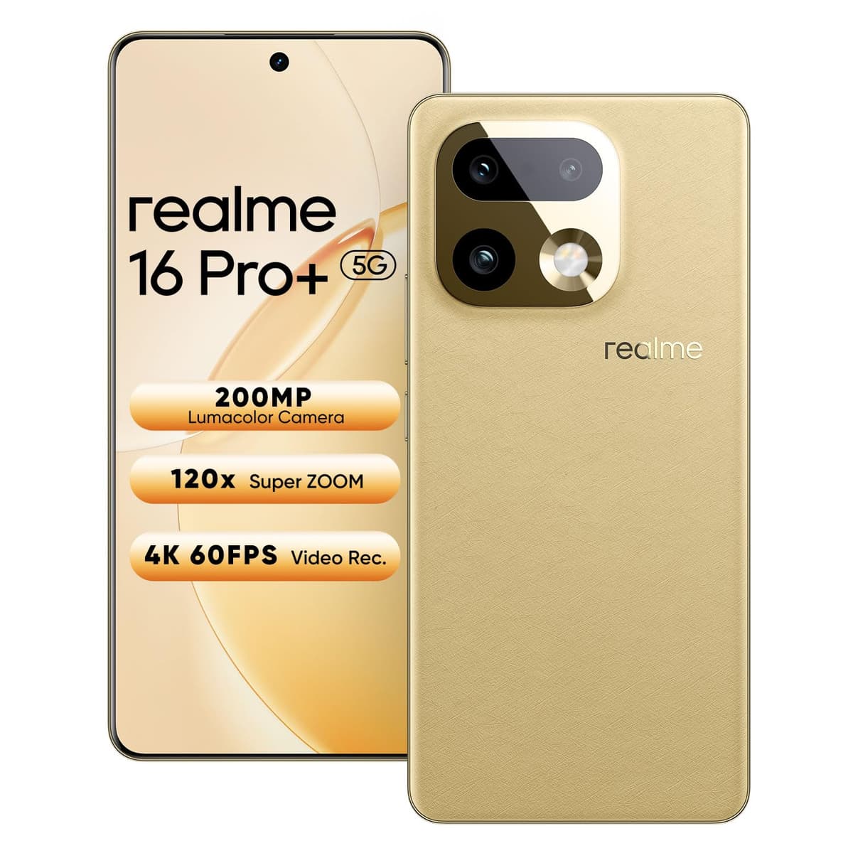 realme 16 Pro+ 5G Smartphone 8+256GB Gold, 144Hz AMOLED Display, 7000mAh Battery, 80W SuperVOOC, 200MP Periscope Primary Camera 50MP Front Camera, Snapdragon 7 Gen 4, IP69