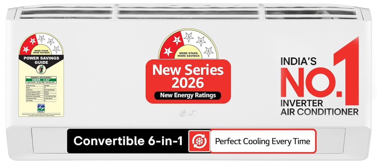 LG Essential Series, 0.8 Ton 2 Star,New star rated, Smart Inverter Split AC (Copper, Convertible 6-in-1 Cooling, Faster Cooling & Energy Saving, HD Filter with AntiVirus Protection, AS-Q11KNVE, White)