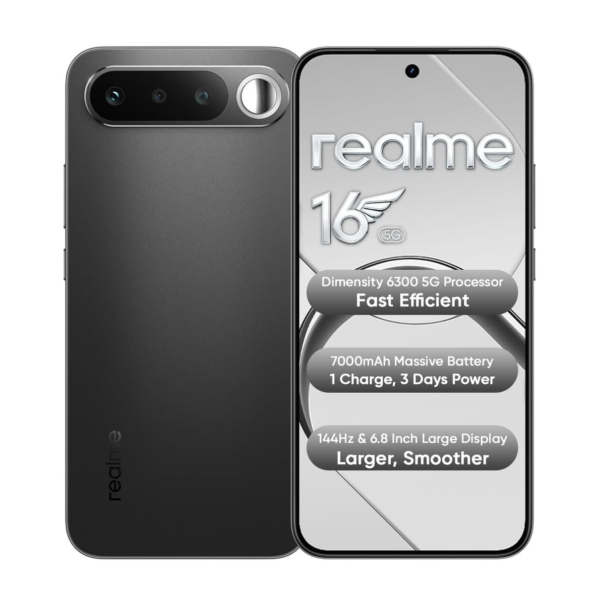 realme 16 5G Smartphone 7000mAh Titan Battery 60W Fast Charge, 8GB + 128GB 6.57" AMOLED 120Hz Display, Dual 50MP AI Camera, MediaTek Dimensity 6400 Turbo Processor, Fingerprint IP69 Air Black