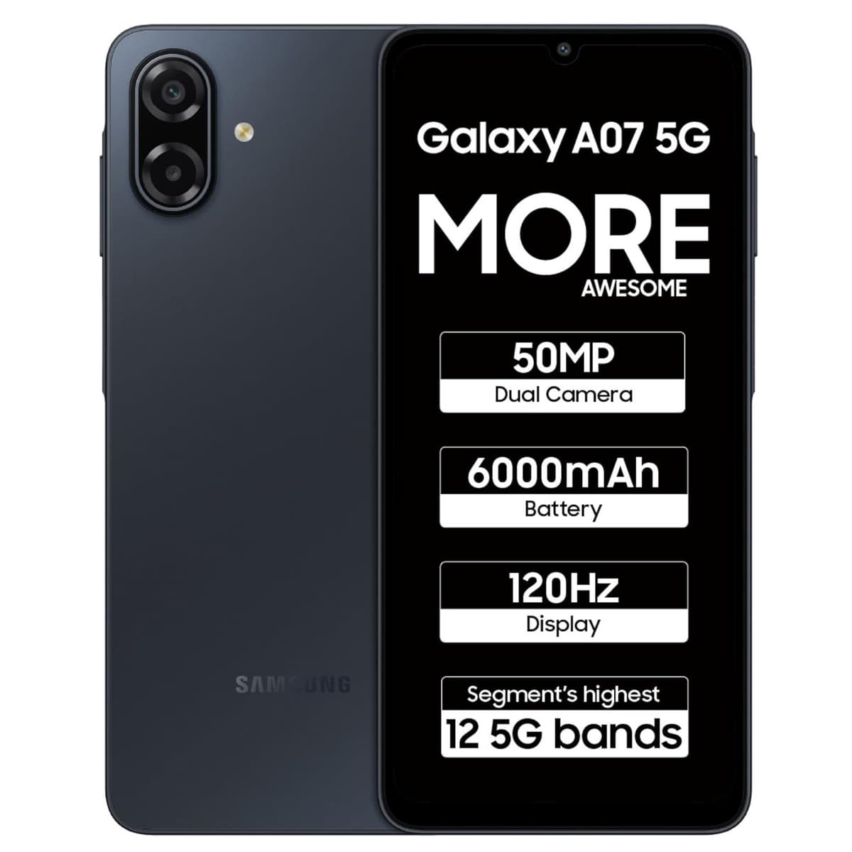 Samsung Galaxy A07 5G Smartphone (Black, 4GB RAM, 128GB Storage) | 120Hz Refresh Rate | Massive 6000mAh Battery | 50MP True Dual Camera | 6 Gen OS Upgrades | Knox Vault