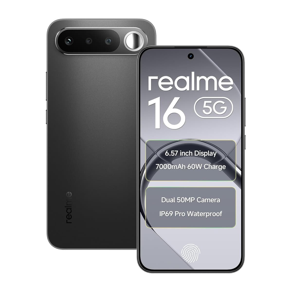 realme 16 5G Smartphone 6.57" AMOLED 120Hz Display, 8GB RAM 128 ROM 7000mAh Titan Battery 60W Fast Charge, Dual 50MP AI Camera, MediaTek Dimensity 6400 Turbo Processor, IP69 Air Black