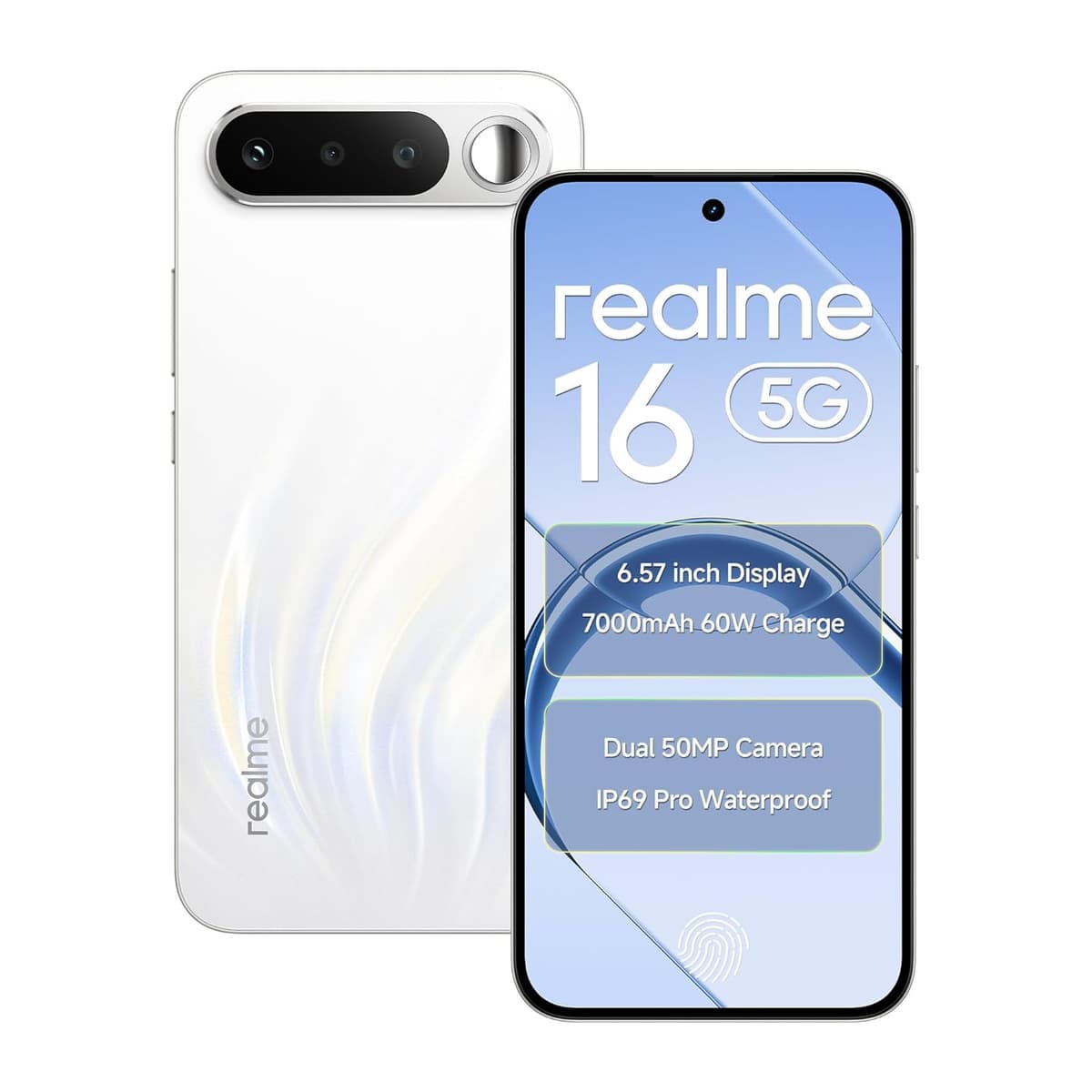 realme 16 5G Smartphone 12GB RAM 256 ROM 6.57" AMOLED 120Hz Display, 7000mAh Titan Battery 60W Fast Charge, Dual 50MP AI Camera, MediaTek Dimensity 6400 Turbo Processor, IP69 Air White