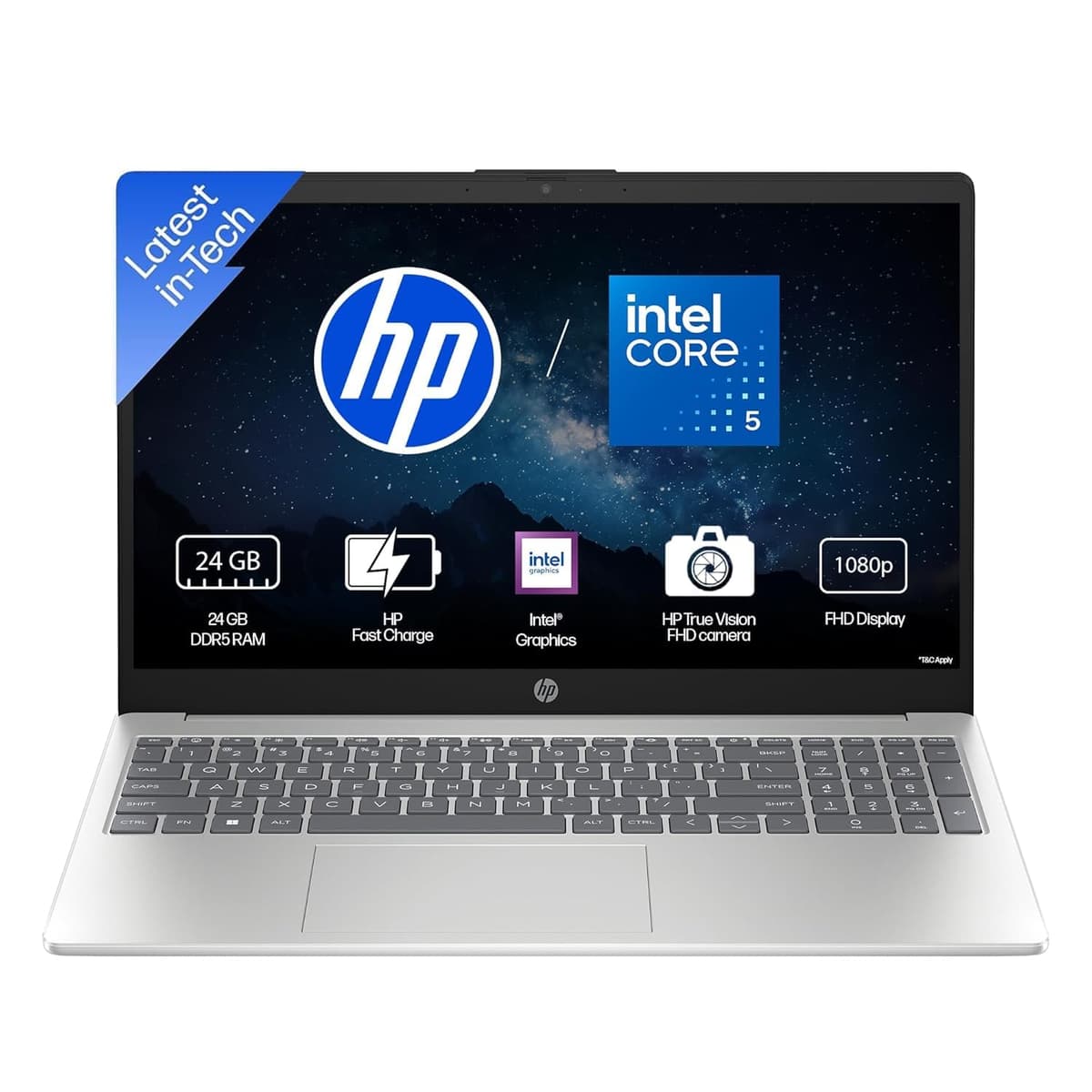 HP 15 Laptop, Intel (14th Gen) Core 5 120U (24GB DDR5, 512GB SSD), Micro-Edge, Anti-Glare, 15.6''/39.6cm, Win11, M365* Office24, Silver, 1.59kg, fd0262TU, FHD Camera, Backlit, Dual Speakers