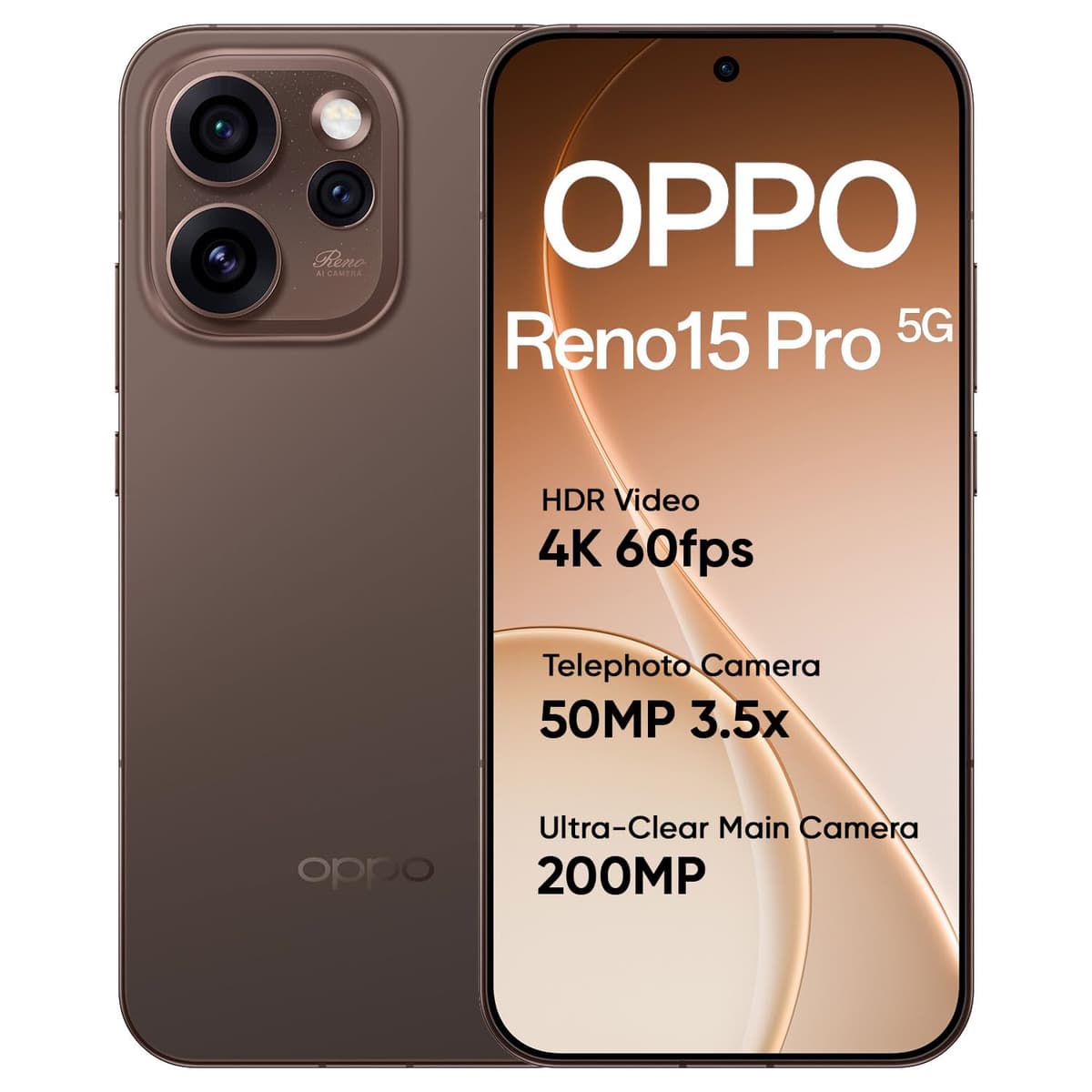 OPPO Reno15 Pro 5G Smartphone 12+256GB Brown, 6.7-inch 120Hz AMOLED with Corning Gorilla Glass, 6500mAh Battery, 80W Fast Charging, 50MP & 200MP Triple Camera, MediaTek Dimensity 8450 Platform, IP69