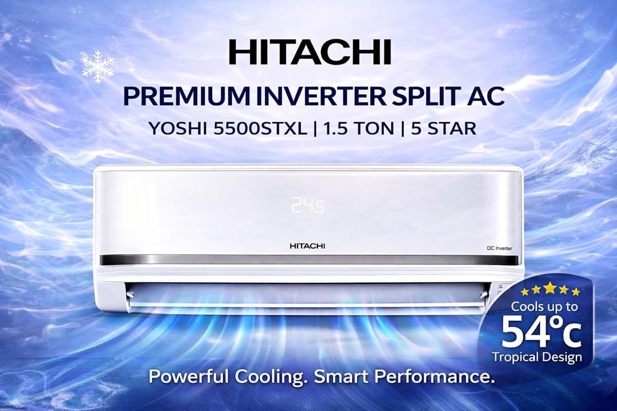 Hitachi 1.5 Ton 5 Star, New Star rated, Inverter Split AC (Copper, Smart View Display, 4 Way Swing, ice Clean, Anti-bacterial Filter, Yoshi 5500STXL RAS.V518PCDIST, White)
