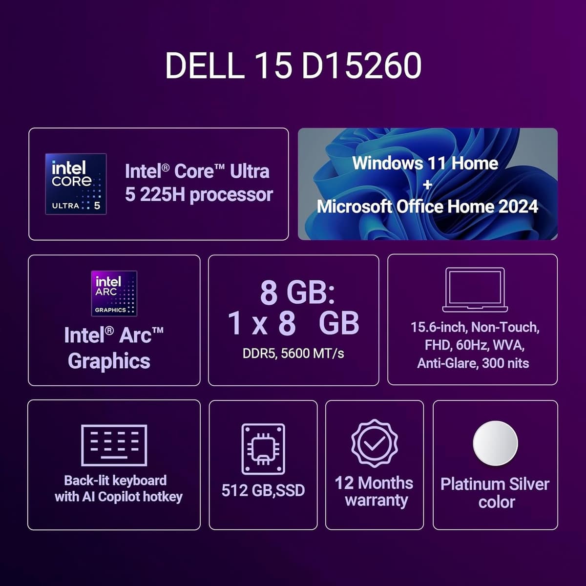 Dell 15 AI Powered Laptop, Intel Core Ultra 5 225H, 8GB DDR5 RAM, 512GB SSD, 15.6" FHD Anti-Glare Display, Intel Arc Graphics, Backlit Keyboard, Dedicated Copilot Key, Silver, Win11 Home + MSO H&S'24