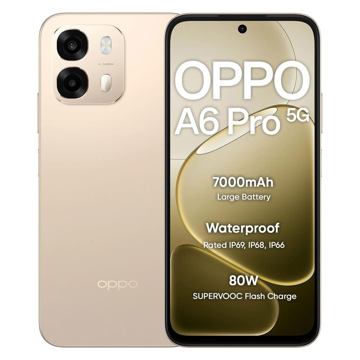 OPPO A6 Pro 5G Smartphone 8+256GB Gold, 6.75 -inch Screen, 144Hz Display, 7000mAh Battery, 80W Fast Charging,16MP Front Camera & 50MP Triple Camera, MediaTek Dimensity 6300 Mobile Platform,IP69
