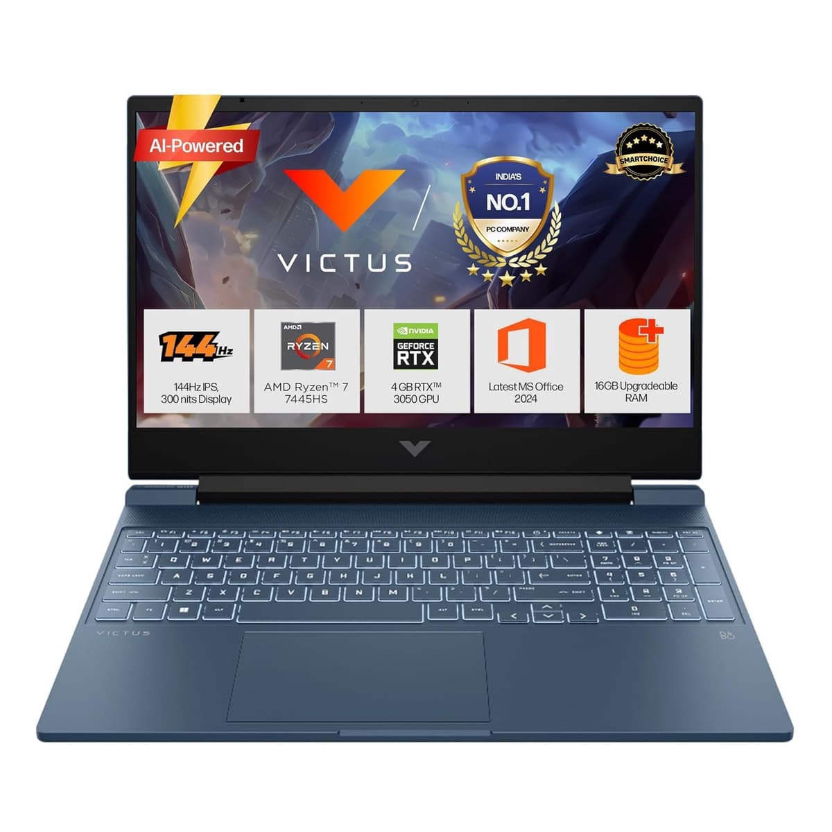 HP Smartchoice Victus, AMD Ryzen 7 7445HS, 6GB RTX 3050, 16GB DDR5(Upgradeable) 512GB SSD, FHD, 144Hz, 15.6''/39.6cm, Win 11, M365* Office24, Blue, 2.29kg, fb3134AX/3120ax, Gaming Laptop