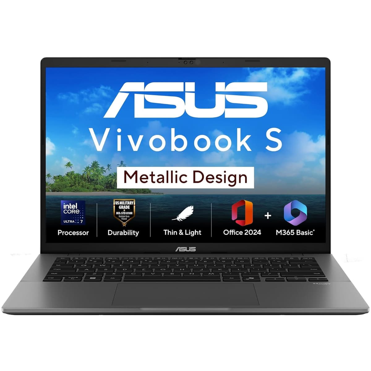 ASUS Vivobook S14, Intel Core Ultra 7 255H, Metallic Design Laptop(Intel iGPU/16GB RAM/512GB SSD/FHD+/14"/60Hz/Windows 11/M365 Basic (1Year)*/Office Home 2024/Matte Gray/1.4 Kg) S3407CA-LY083WS