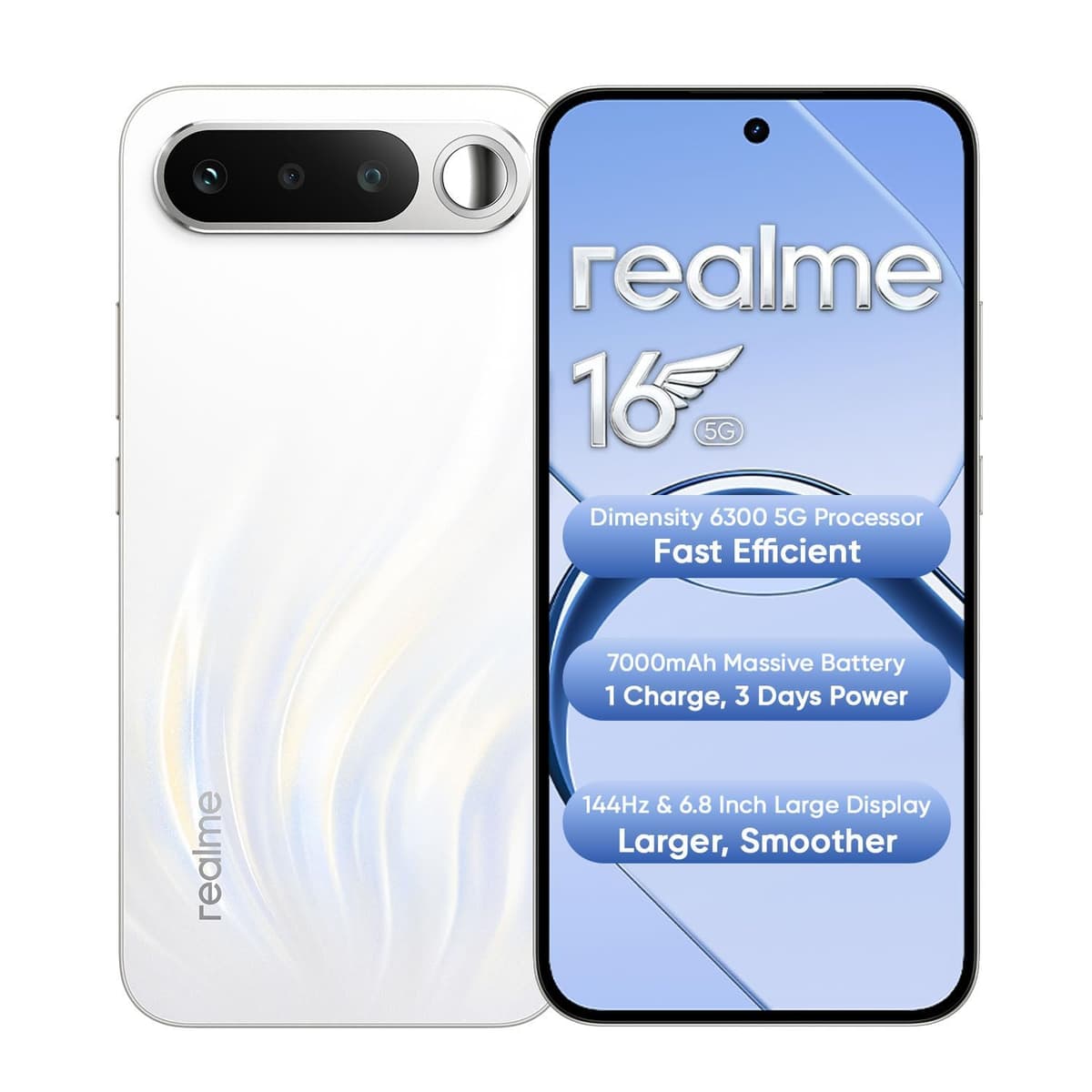 realme 16 5G Smartphone 7000mAh Titan Battery 60W Fast Charge, 8GB + 256GB 6.57" AMOLED 120Hz Display, Dual 50MP AI Camera, MediaTek Dimensity 6400 Turbo Processor, Fingerprint IP69 Air White