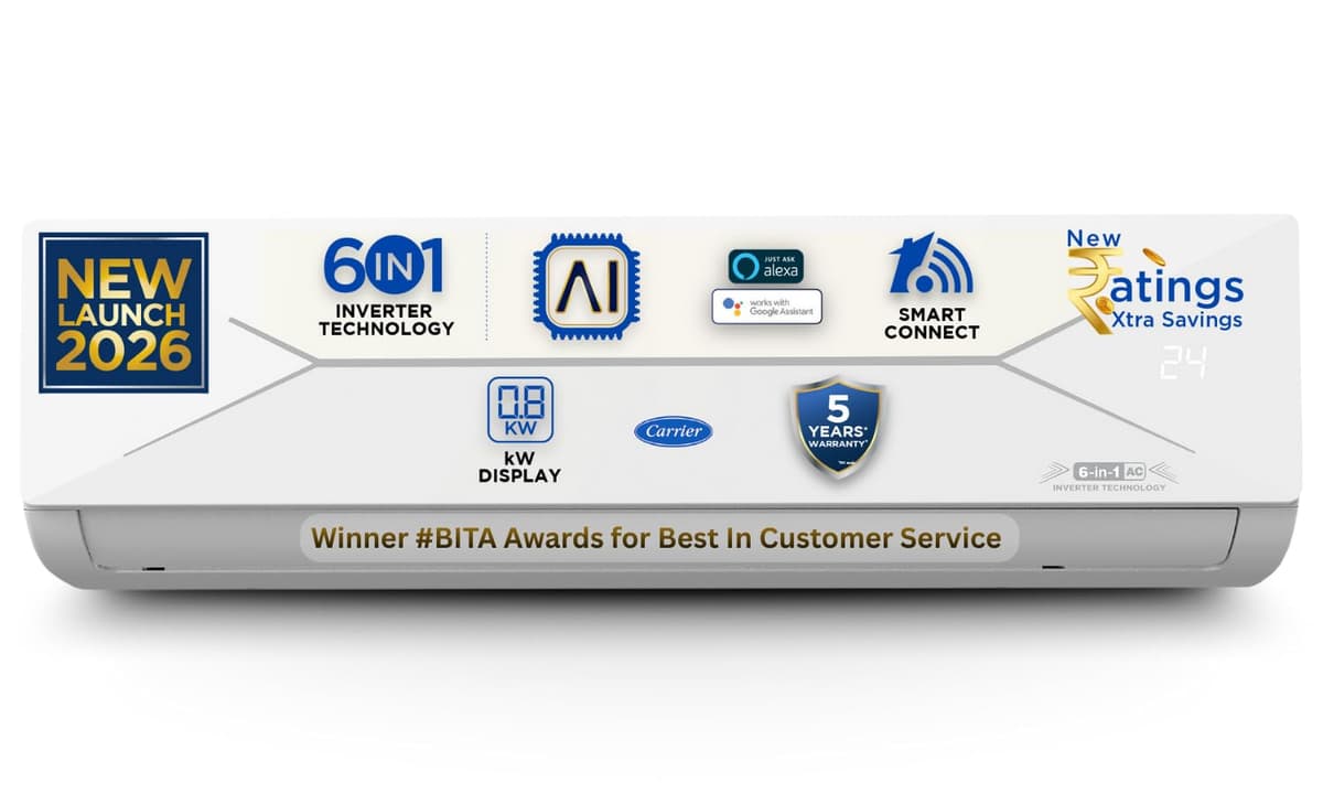 Carrier 1.5 Ton 3 Star Flexicool Inverter Split AC (Copper, Convertible 6-in-1 with Smart Energy Display, Insta Cool, Auto Clean, PM 2.5 Filter, 2026 Model, ESTER EDGE Gxi- CAI18EE3R36F1, White)