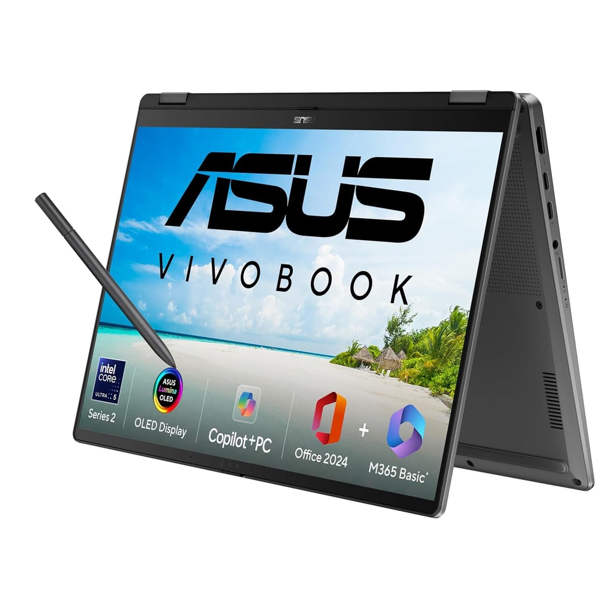 ASUS Vivobook 14 Flip,Intel Core Ultra 5 (Series 2),Intel Arc iGPU,40TOPS,16GB,512GB,FHD+ Touch Screen,14",Windows 11,M365 Basic (1Year)*,Office 2024,Gray,1.57 kg, TP3407SA-QL024WS, Copilot+ AI PC