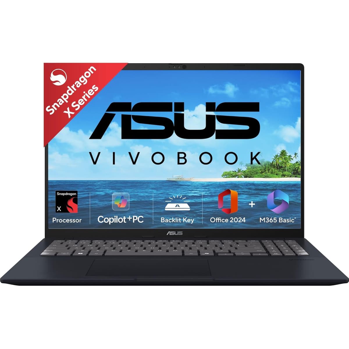 ASUS Vivobook 16, Snapdragon X, 16GB RAM, 512GB SSD, FHD+ 16", Windows 11, Office Home 2024, Quiet Blue, 1.88kg, X1607QA-MB049WS, Qualcomm Adreno iGPU, 45TOPS, M365 Basic (1Year)* Laptop