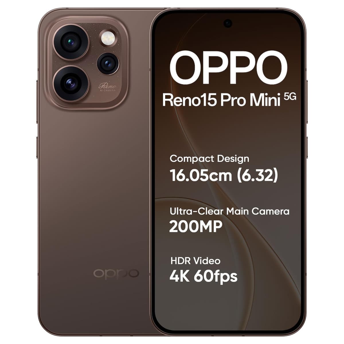 OPPO Reno15 Pro Mini 5G Smartphone 12+256GB Brown, 6.05-inch Screen 120Hz AMOLED Display, 6200mAh Battery, 80W Fast Charging, 50MP & 200MP Camera, MediaTek Dimensity 8450 Platform, IP69