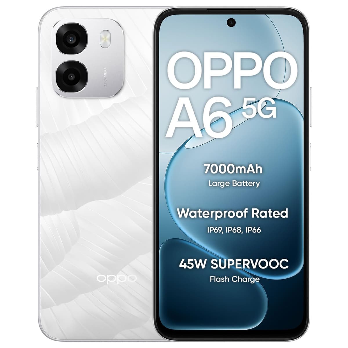 OPPO A6 5G Smartphone 6+256GB Ice White, 6.7-inch HD+ 120Hz Display, 7000mAh Battery, 45W SUPERVOOCTM Fast Charge, 8MP Front Camera & 50MP Main Rear Camera, Dimensity 6300 Processor, IP69
