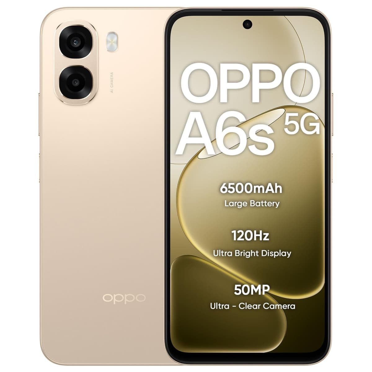 OPPO A6s 5G Smartphone 6+128GB Gold, 6.7-inch HD+ 120Hz Bright Display, 6500mAh Large Battery, 5MP Front Camera & 50MP Camera, MediaTek Dimensity 6300 Mobile Platform, IP64